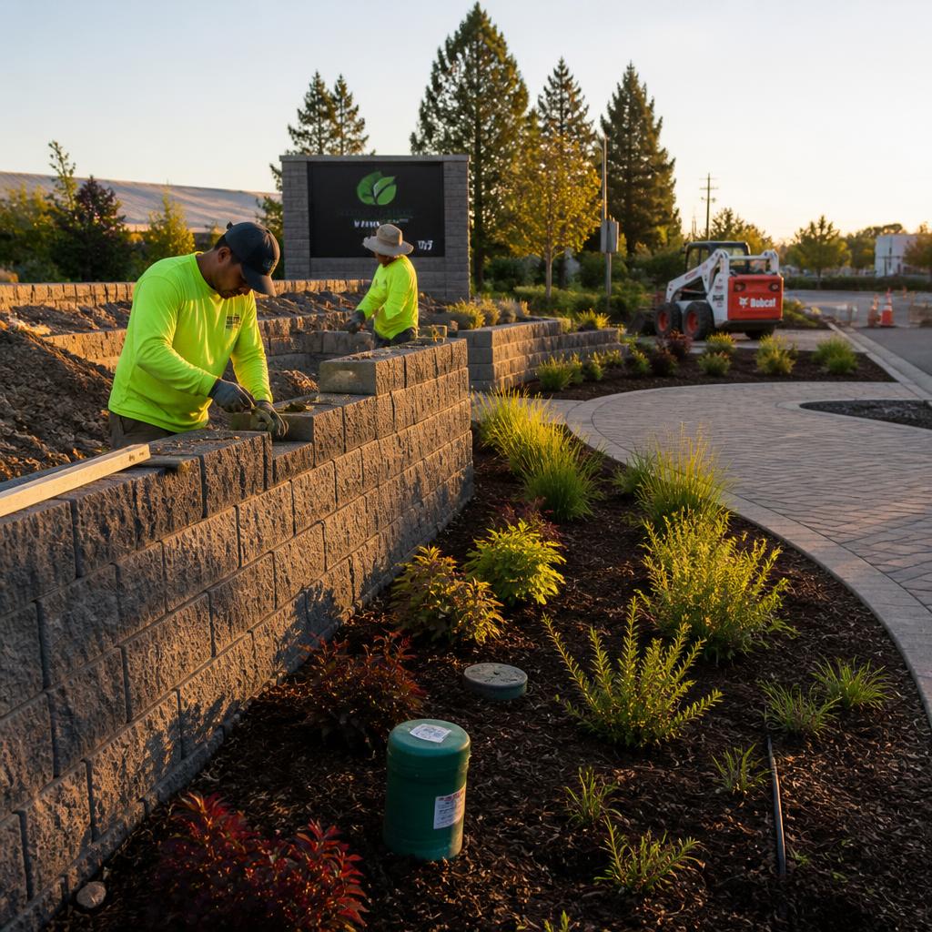Professional commercial landscape with stone walkways and native plantings